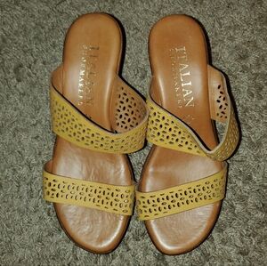 Italian Shoemakers Yellow + Brown Wedge Sandals- Size 6.5